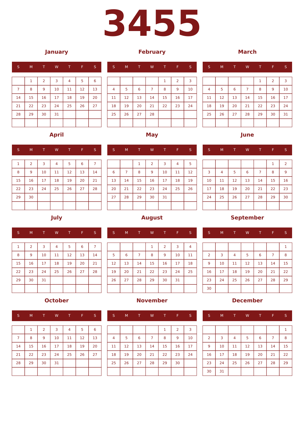 Printable 3455 Year Calendars falu