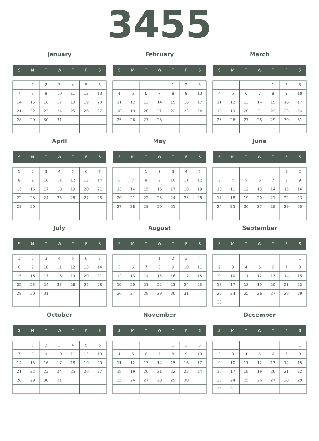 Printable 3455 Year Calendars feldgrau