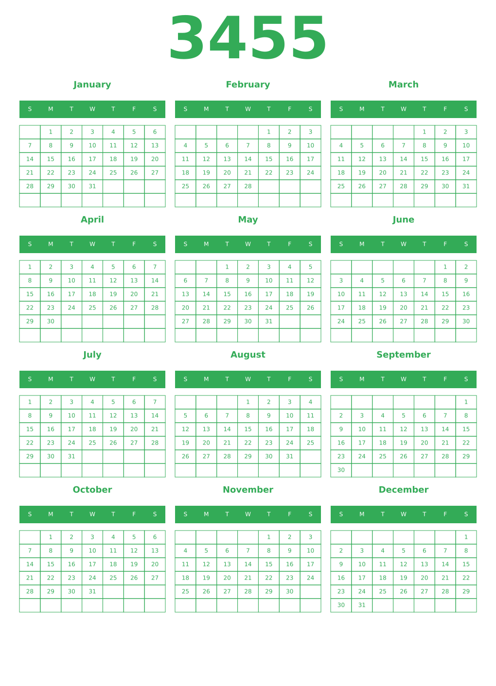 Printable 3455 Year Calendars green