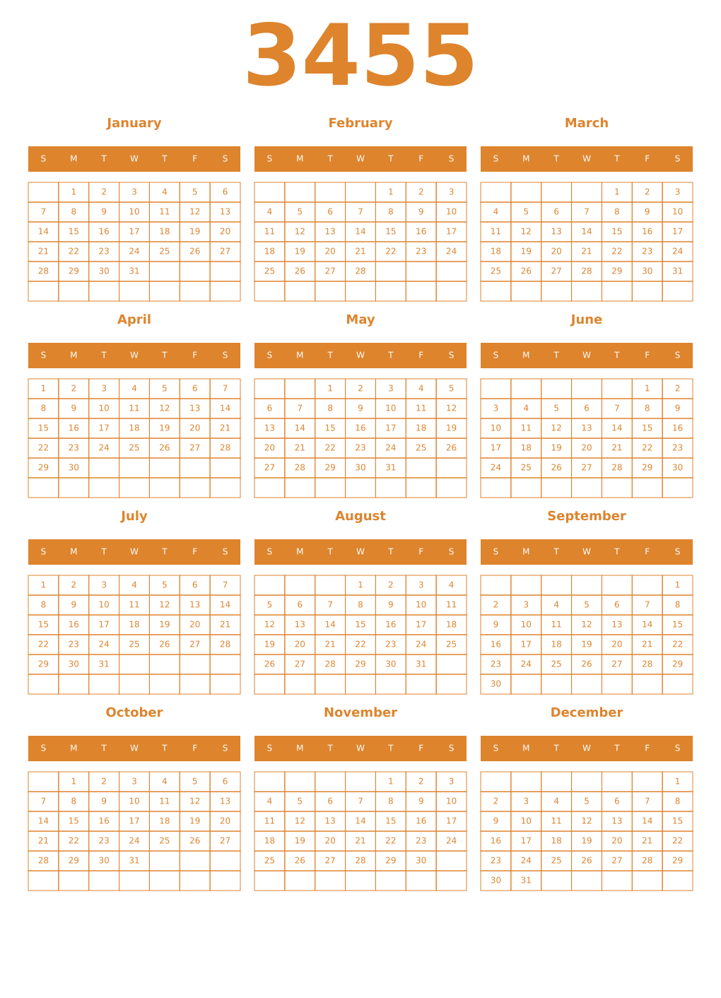 Printable 3455 Year Calendars orange