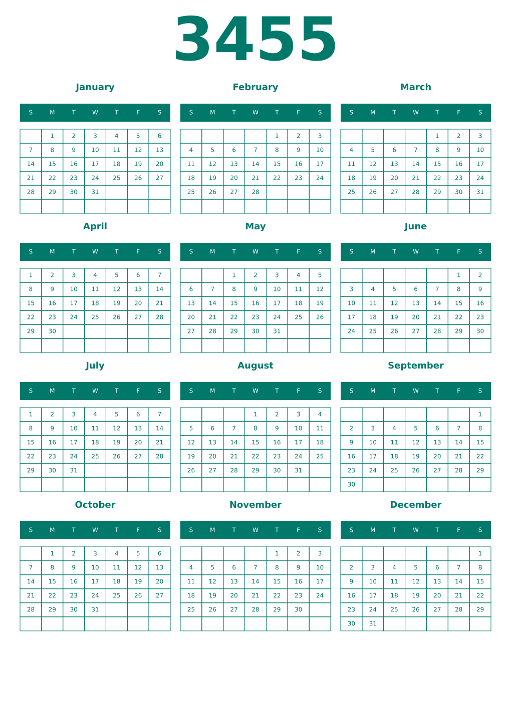 Printable 3455 Year Calendars pastel