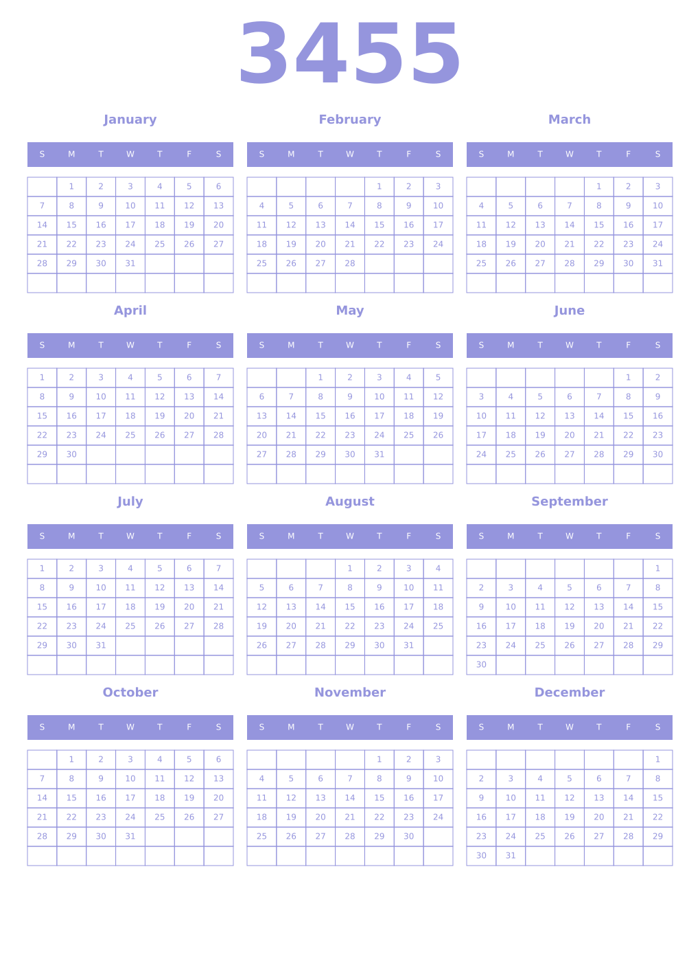 Printable 3455 Year Calendars periwinkle