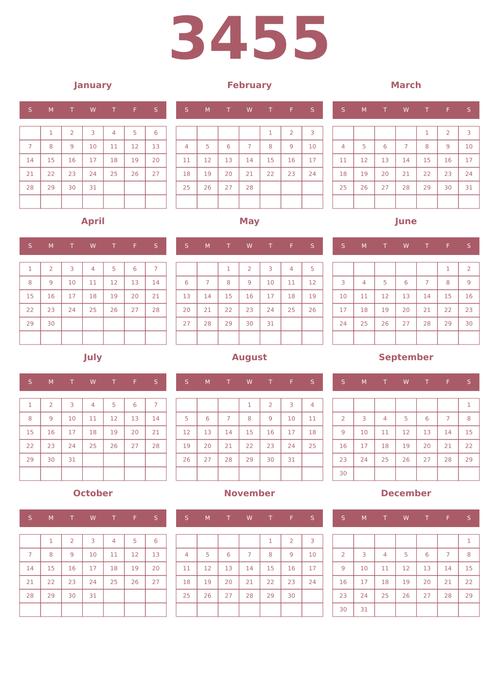 Printable 3455 Year Calendars puce