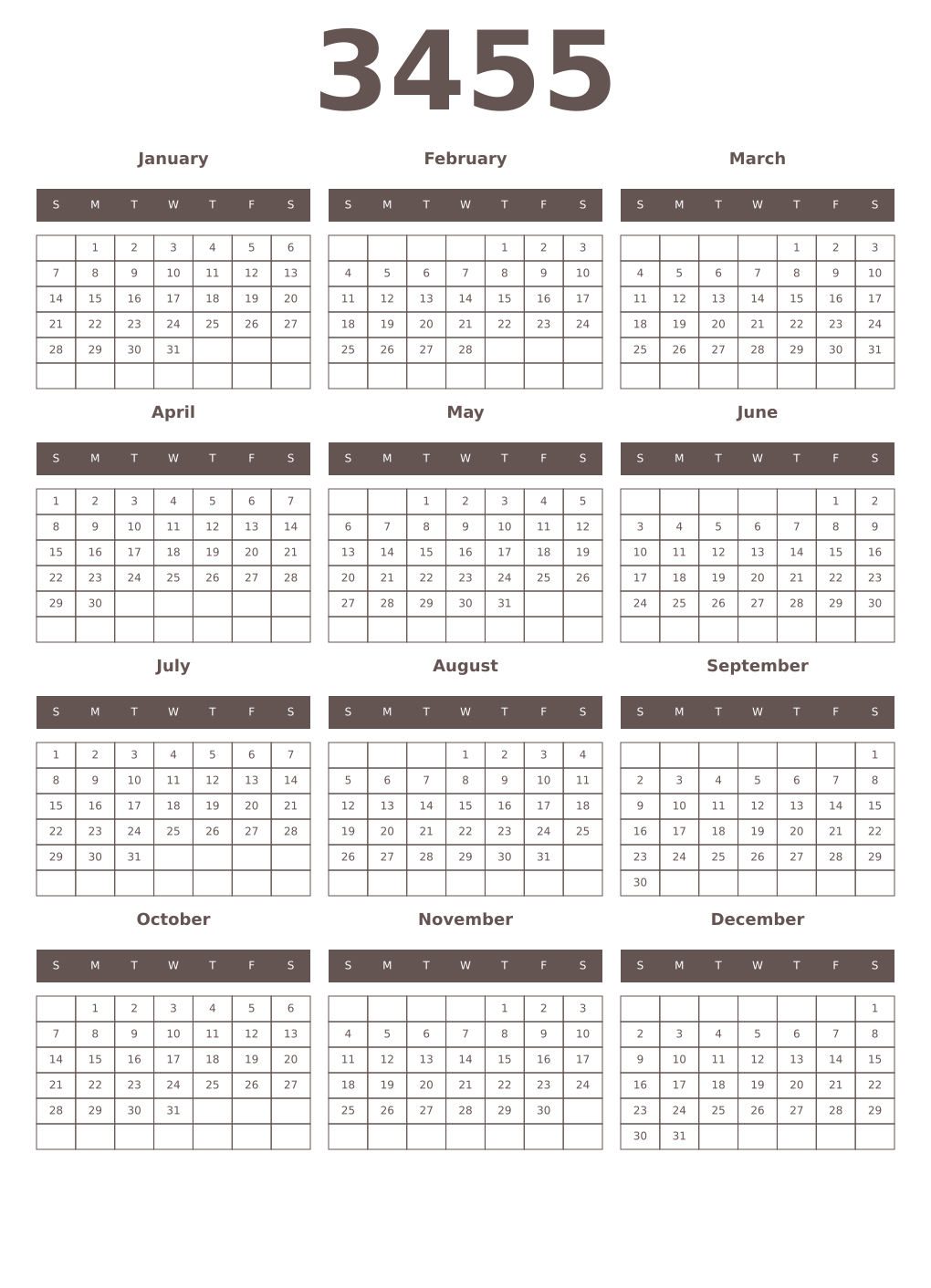 Printable 3455 Year Calendars wenge
