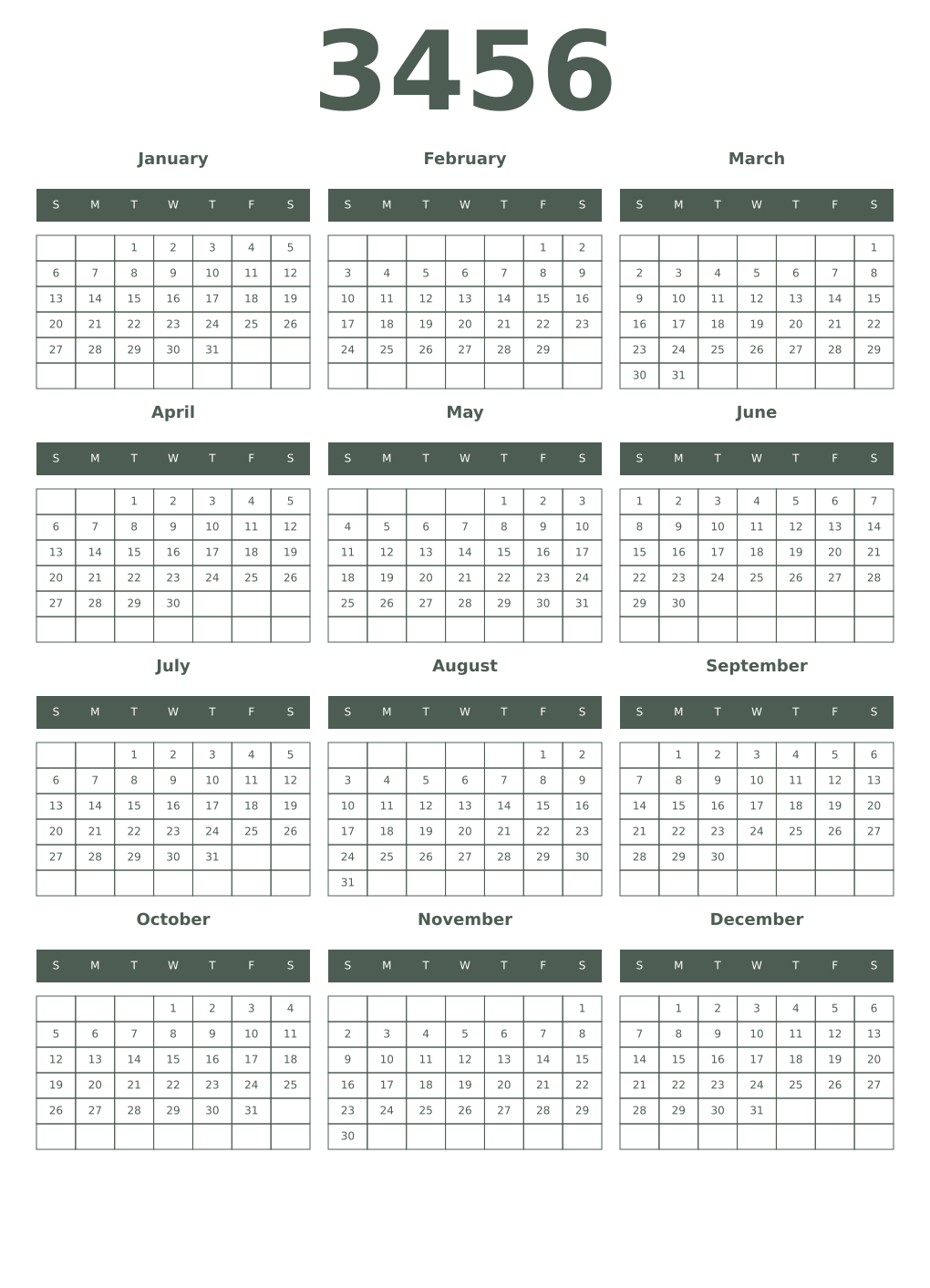 Printable 3456 Year Calendars feldgrau