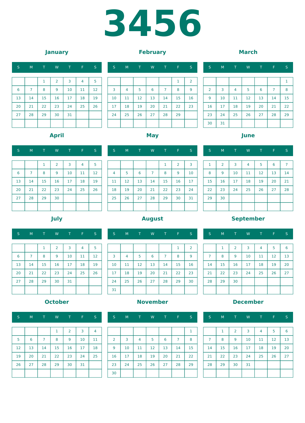 Printable 3456 Year Calendars pastel