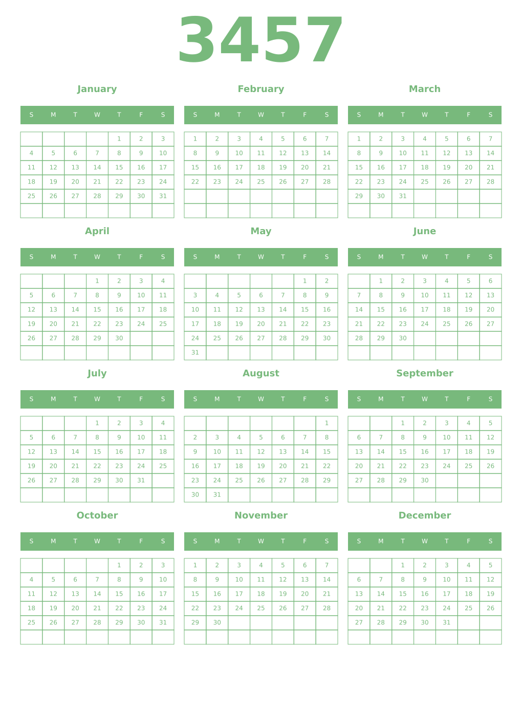Printable 3457 Year Calendars celadon