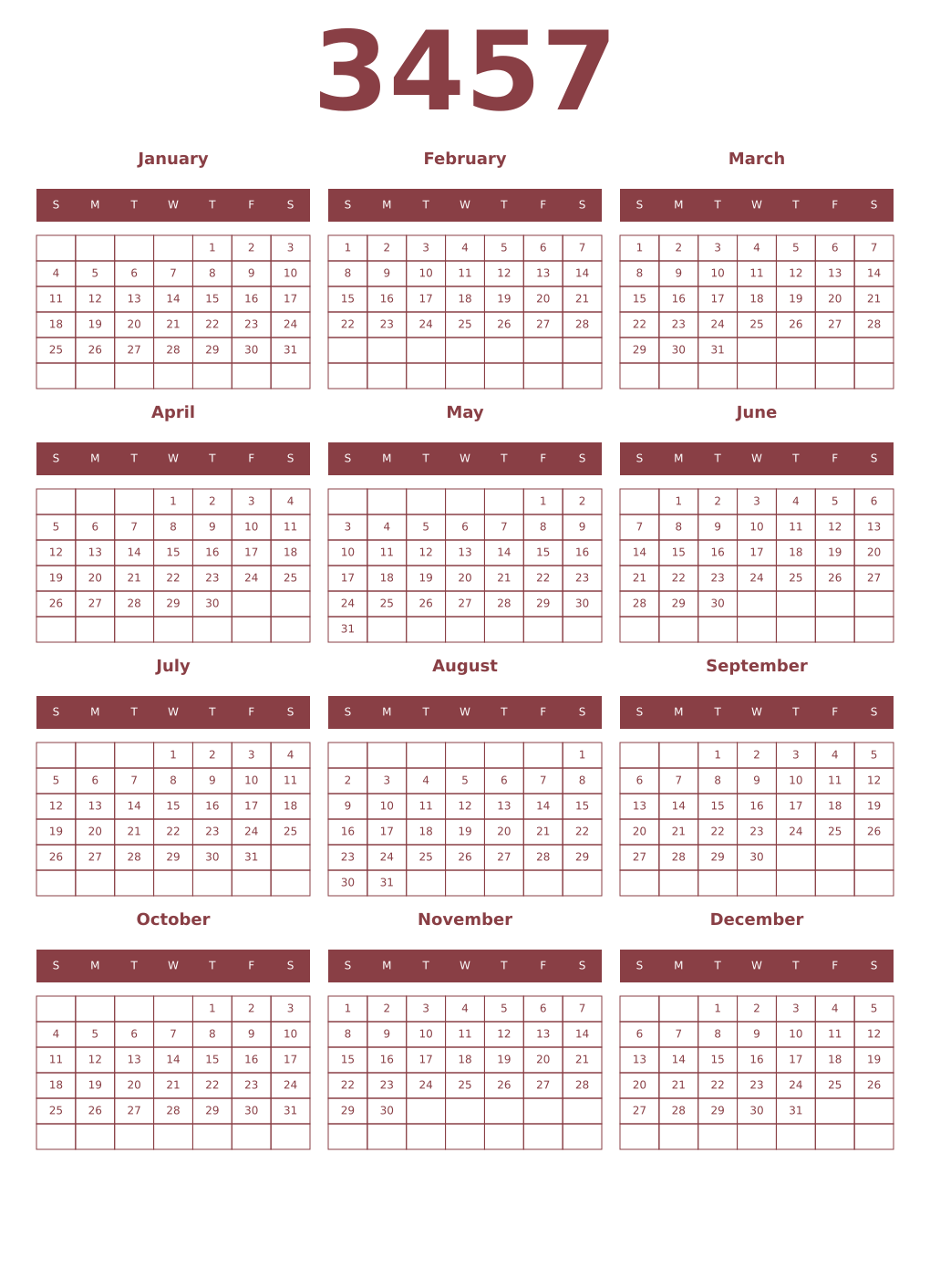 Printable 3457 Year Calendars cordovan