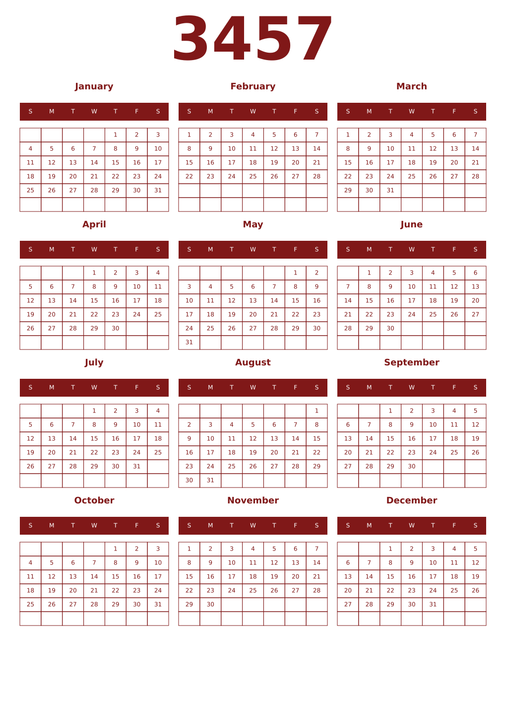 Printable 3457 Year Calendars falu