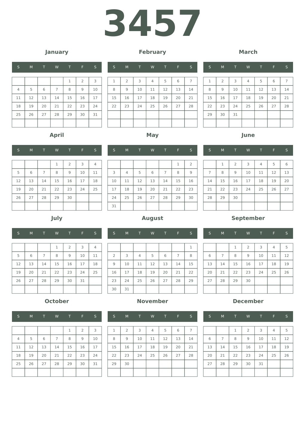 Printable 3457 Year Calendars feldgrau