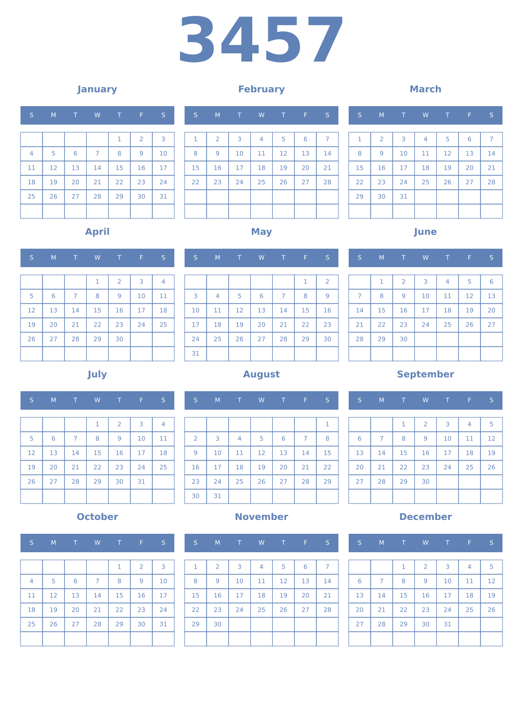 Printable 3457 Year Calendars glaucous