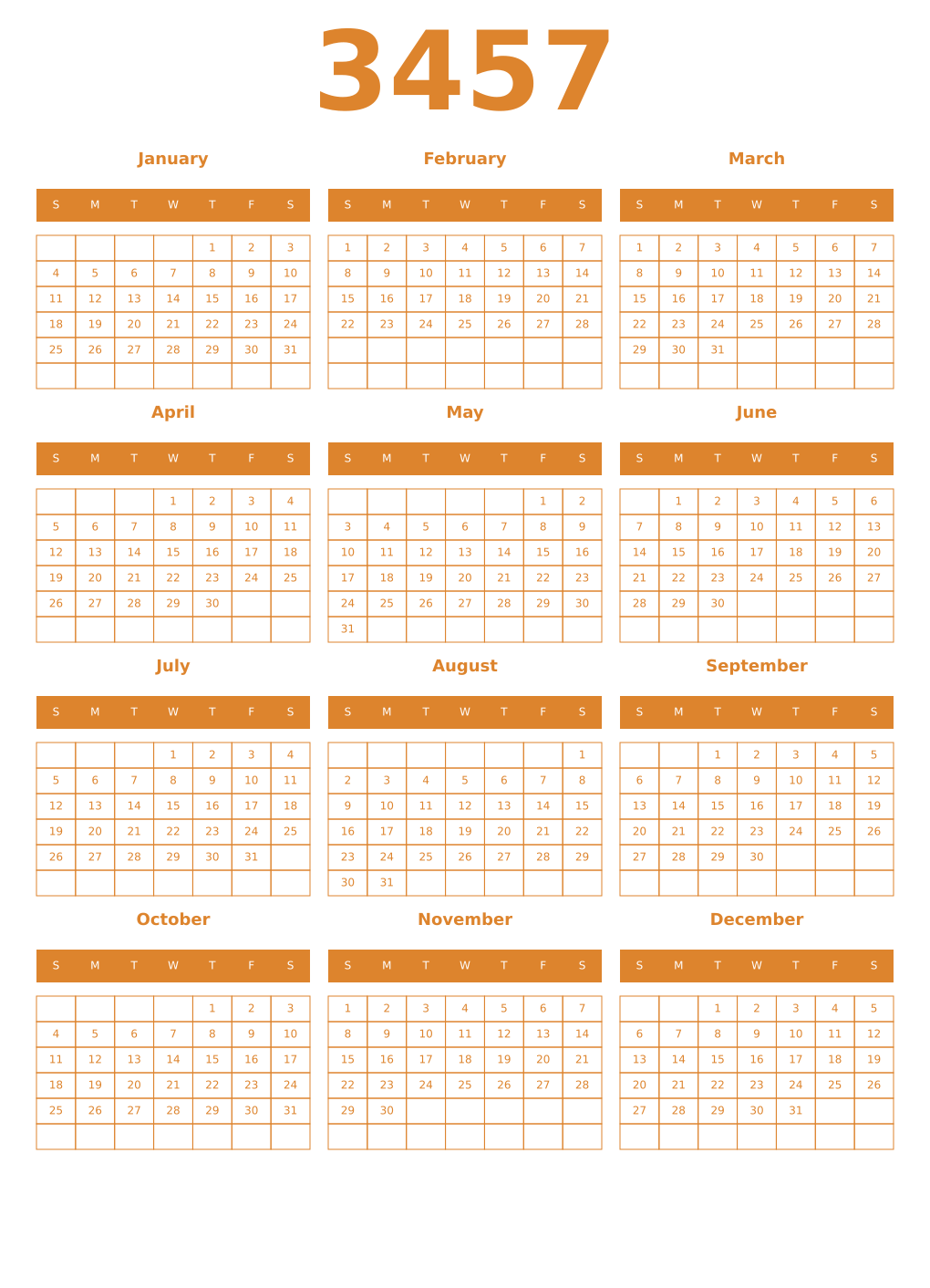 Printable 3457 Year Calendars orange