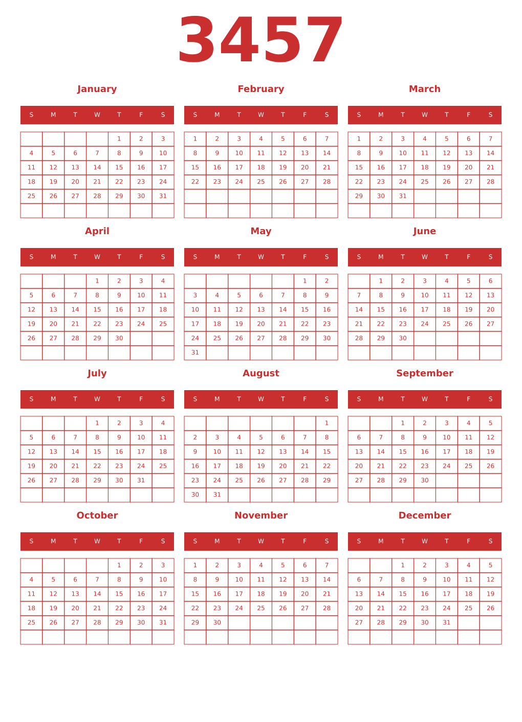 Printable 3457 Year Calendars red