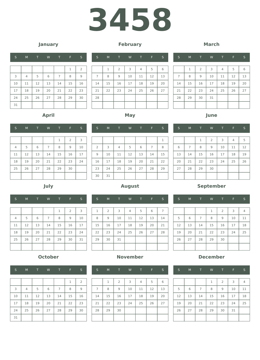Printable 3458 Year Calendars feldgrau