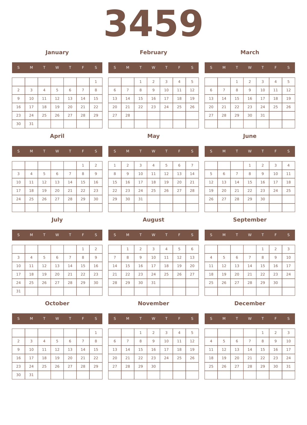 Printable 3459 Year Calendars coffe
