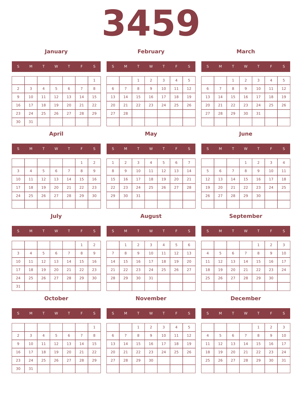 Printable 3459 Year Calendars cordovan