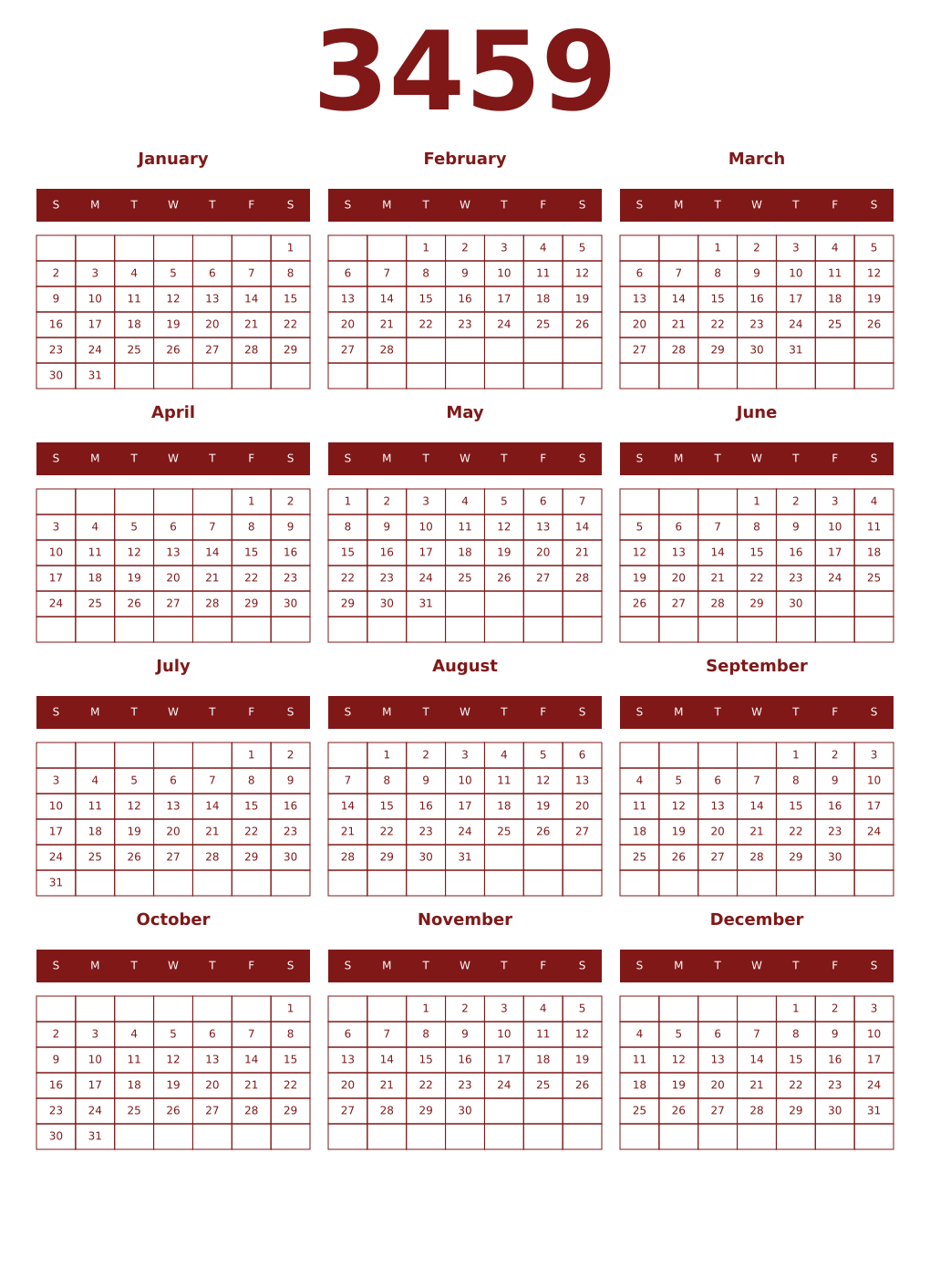 Printable 3459 Year Calendars falu