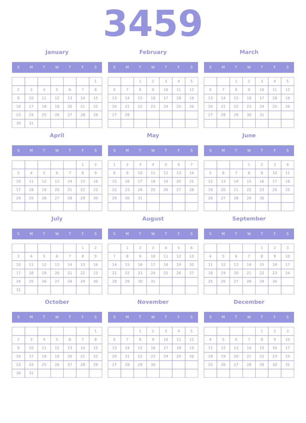 Printable 3459 Year Calendars periwinkle