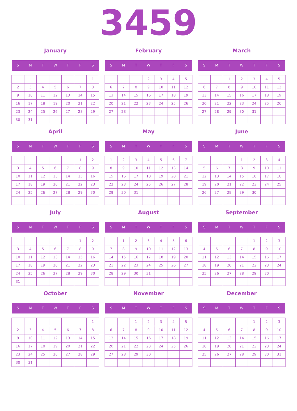 Printable 3459 Year Calendars purple