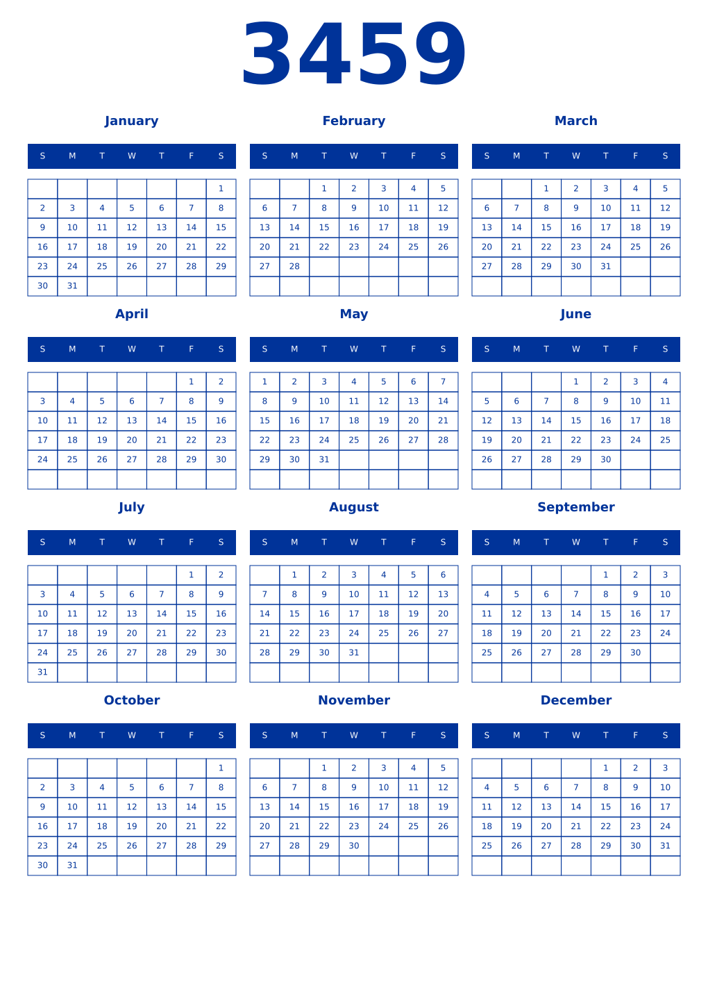 Printable 3459 Year Calendars smalt