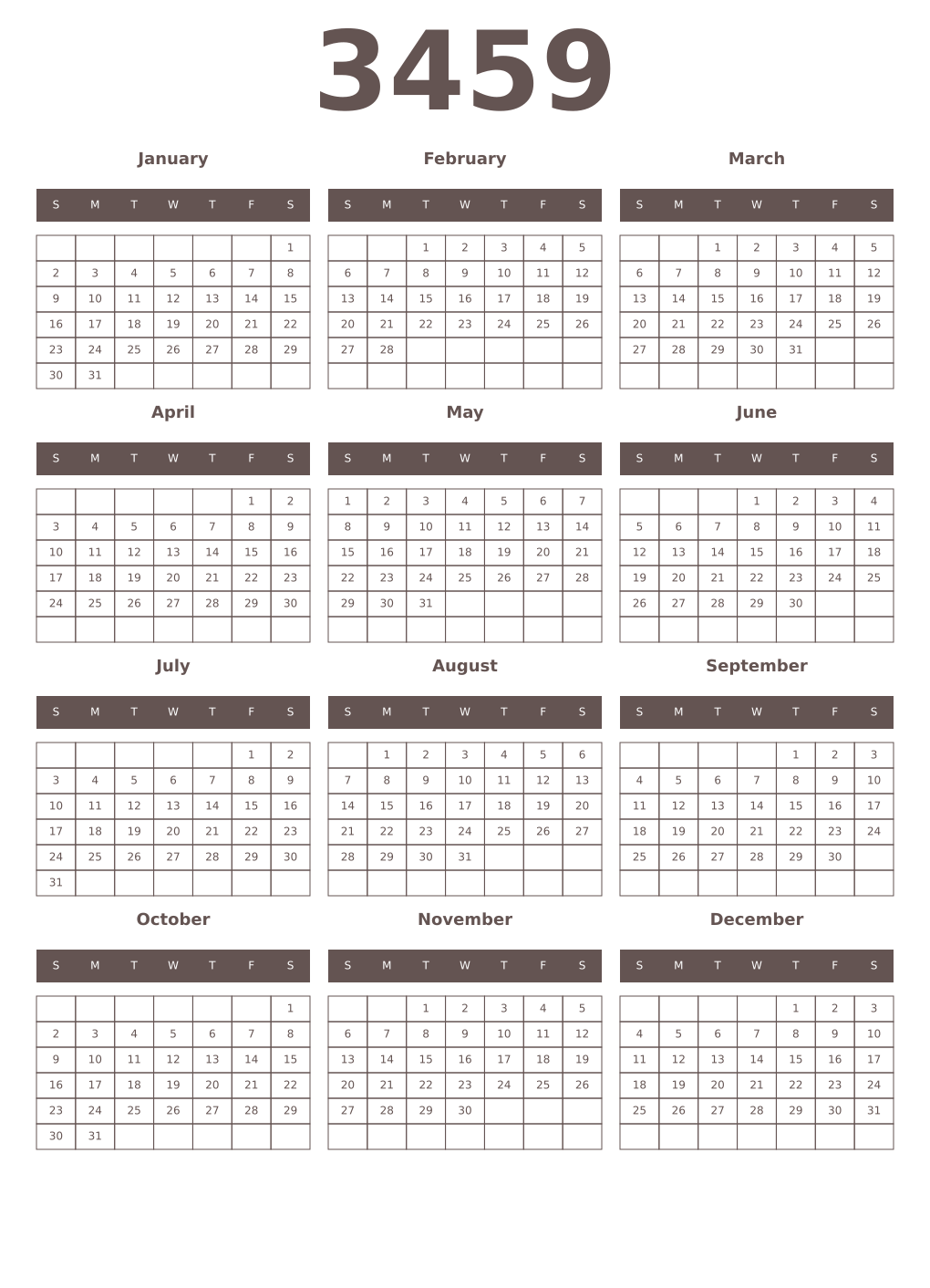 Printable 3459 Year Calendars wenge