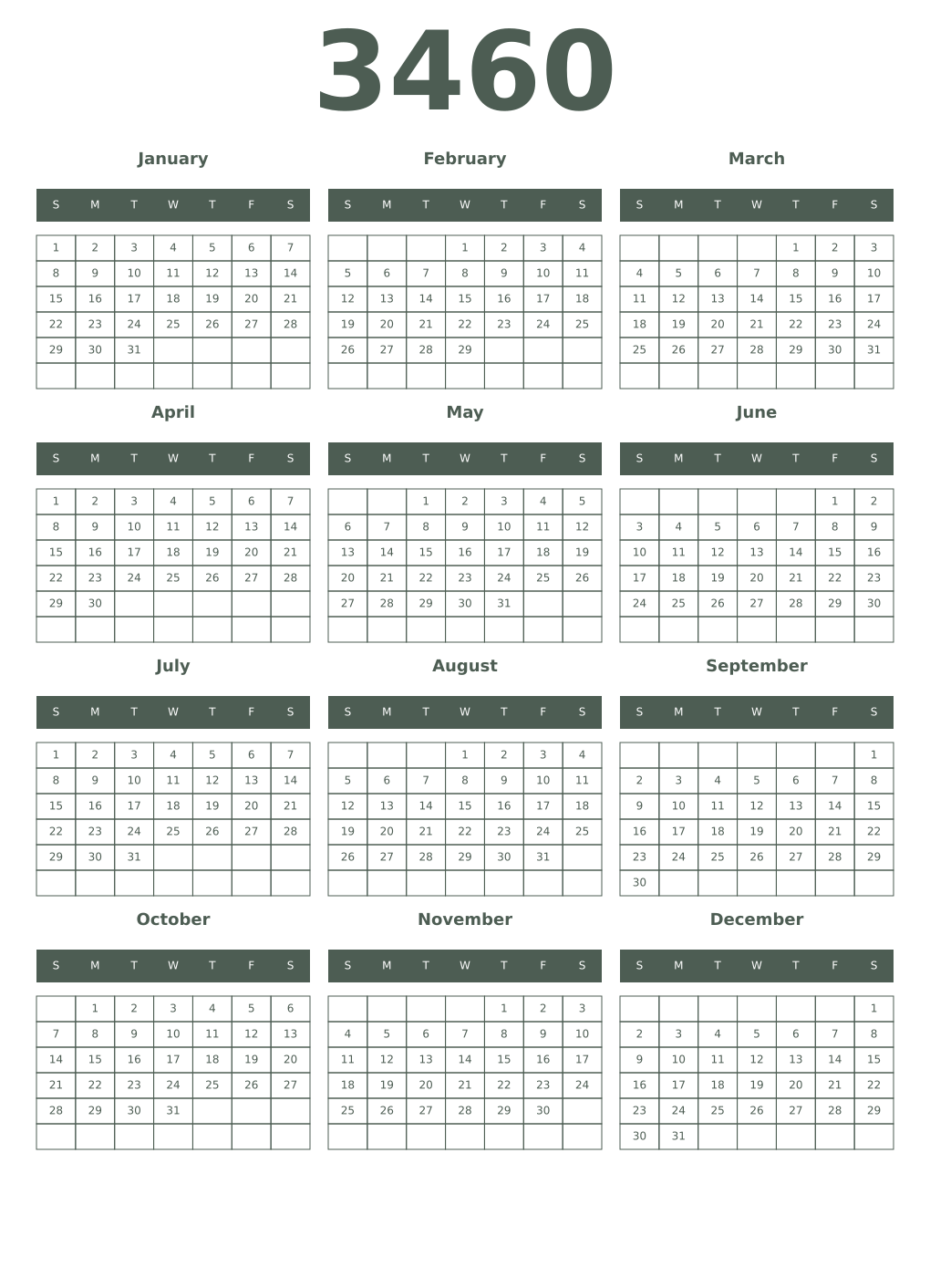 Printable 3460 Year Calendars feldgrau