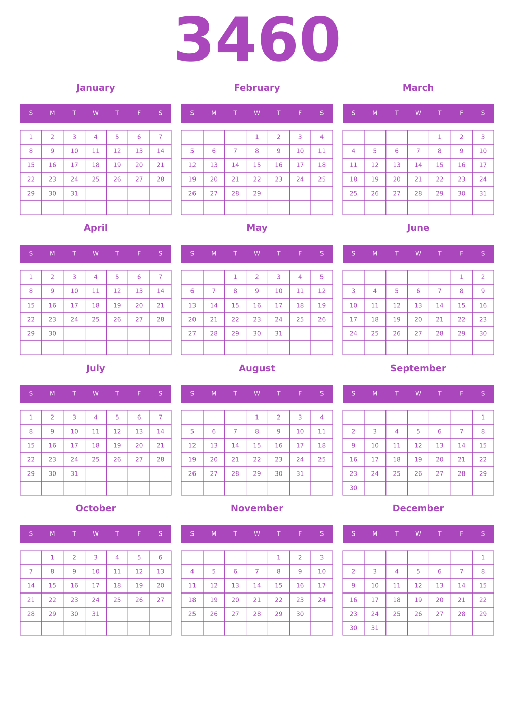 Printable 3460 Year Calendars purple
