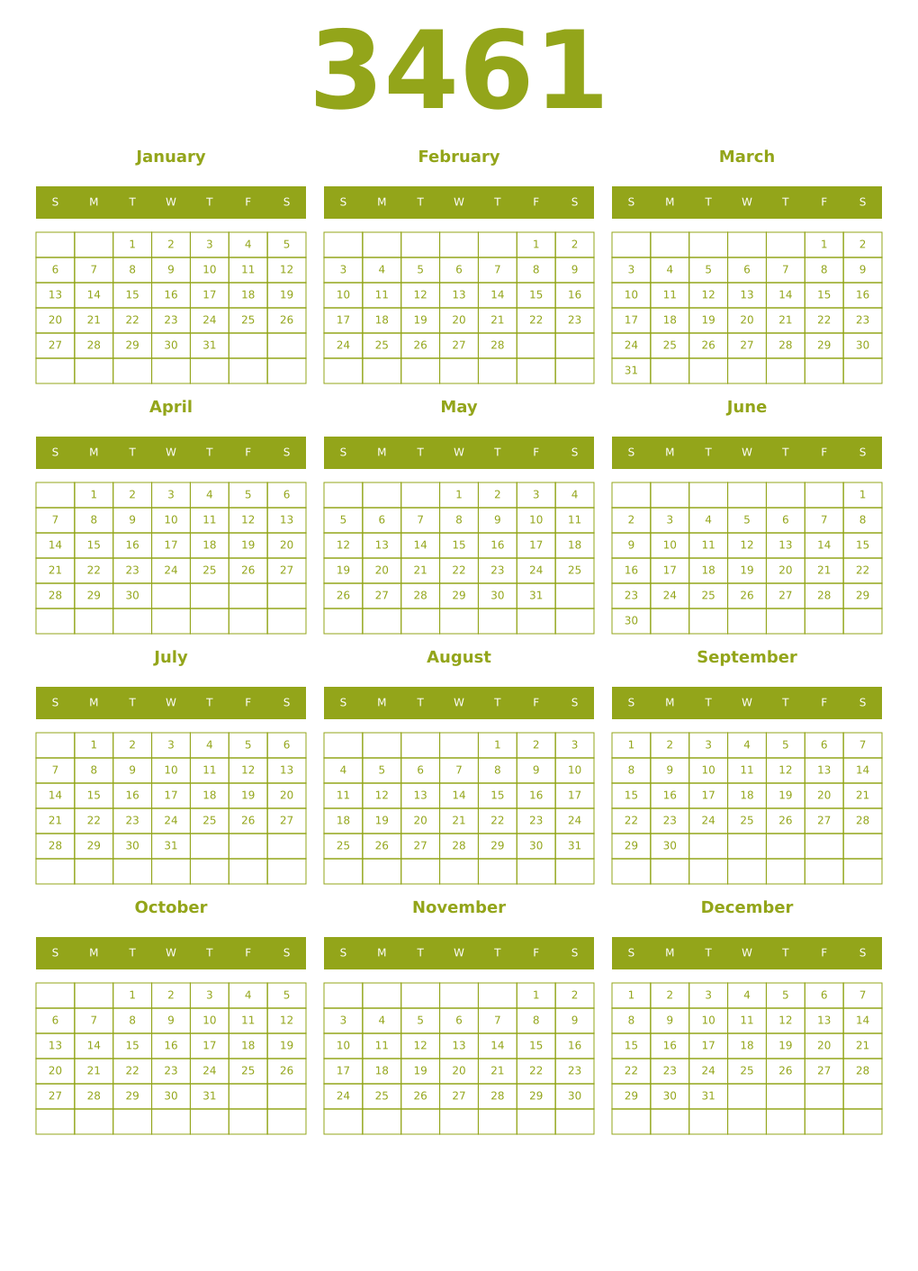 Printable 3461 Year Calendars chartreuse