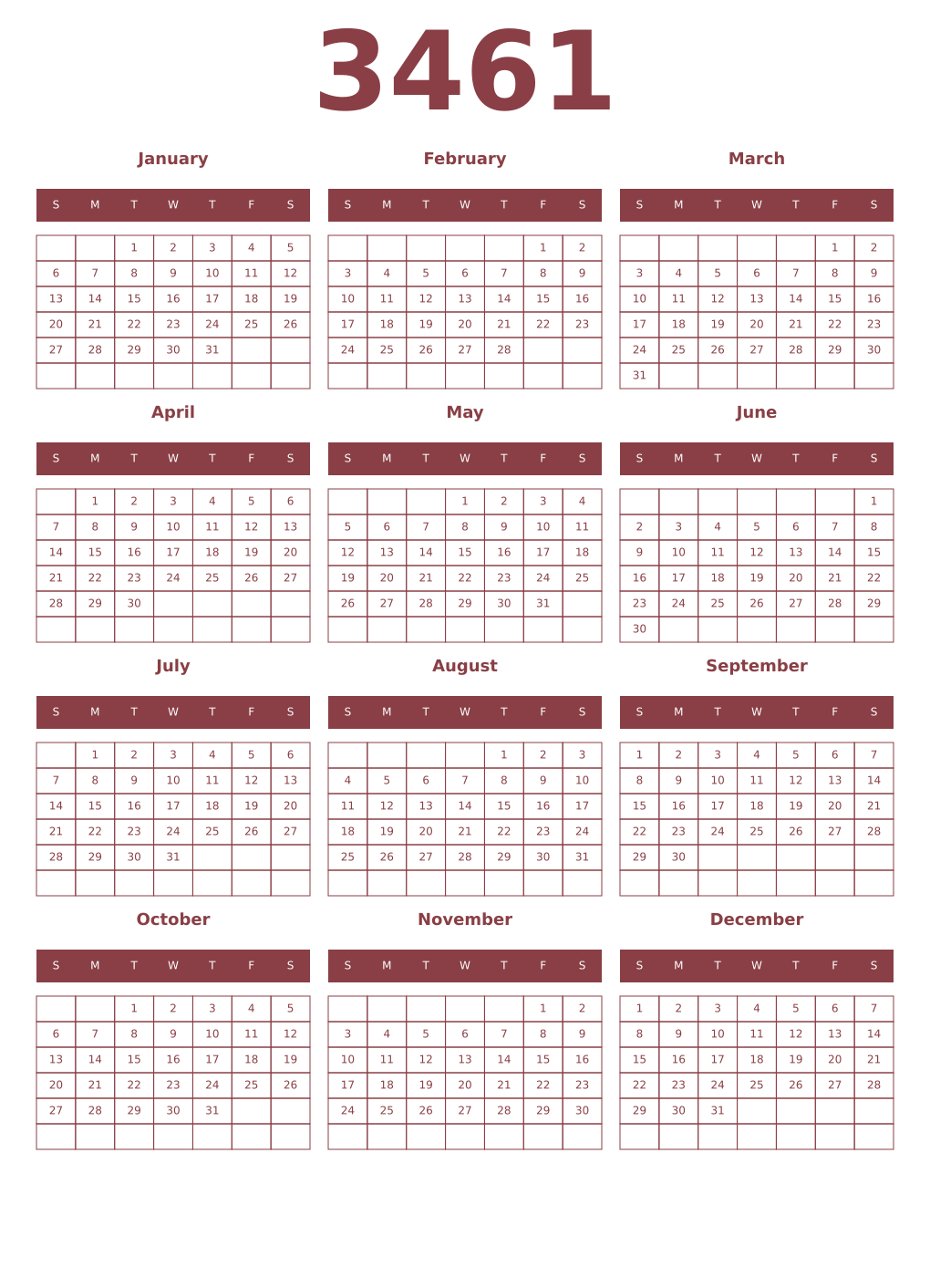 Printable 3461 Year Calendars cordovan