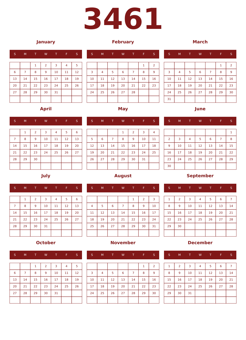 Printable 3461 Year Calendars falu