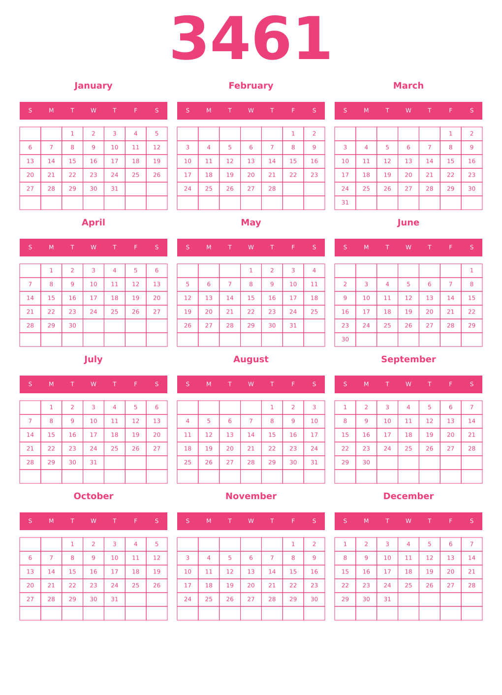 Printable 3461 Year Calendars pink