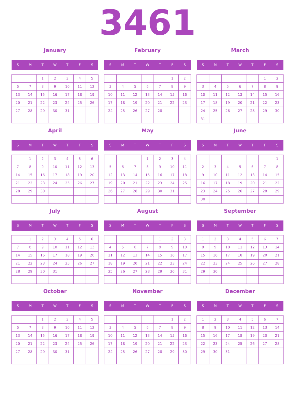 Printable 3461 Year Calendars purple