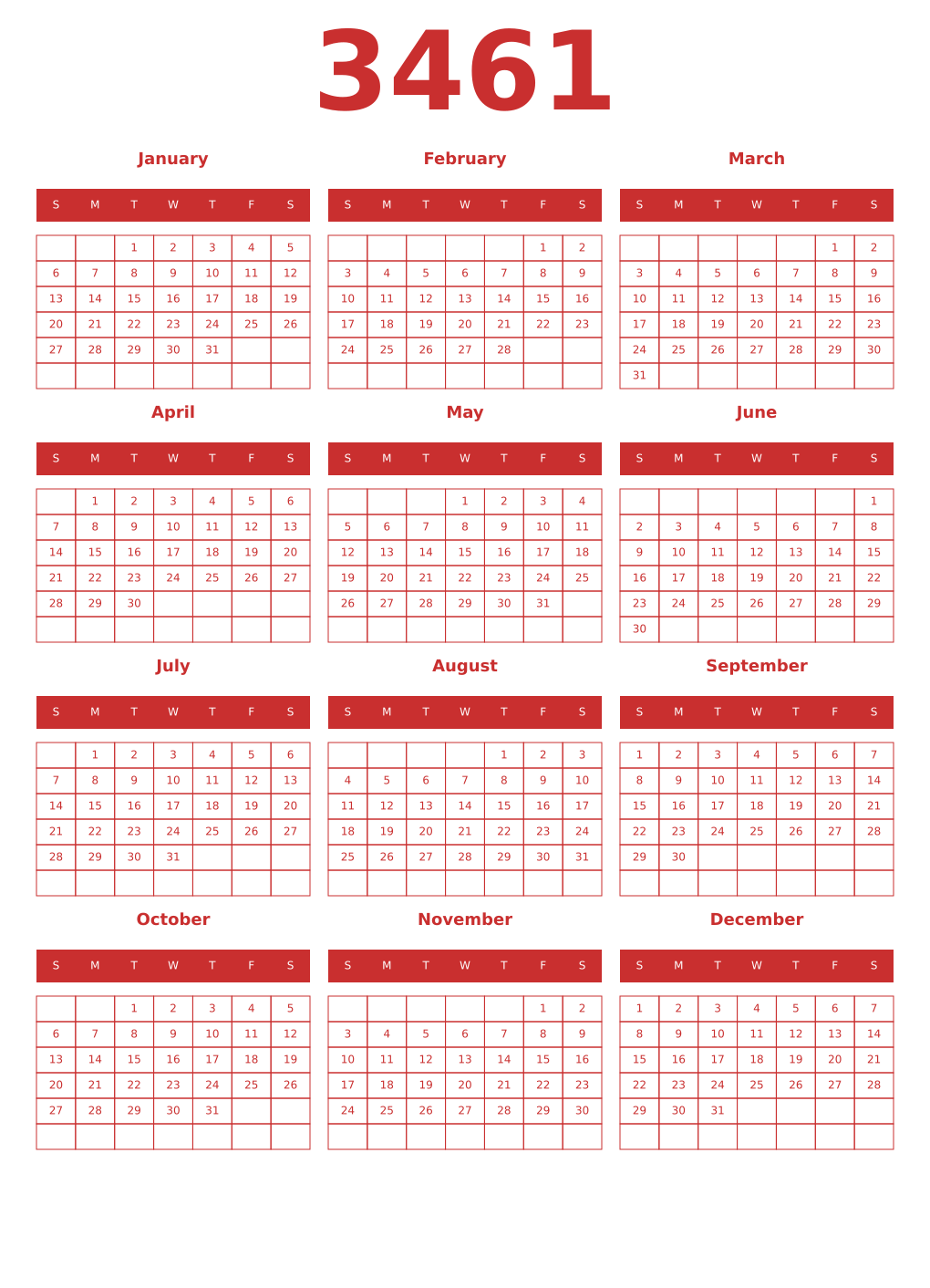 Printable 3461 Year Calendars red
