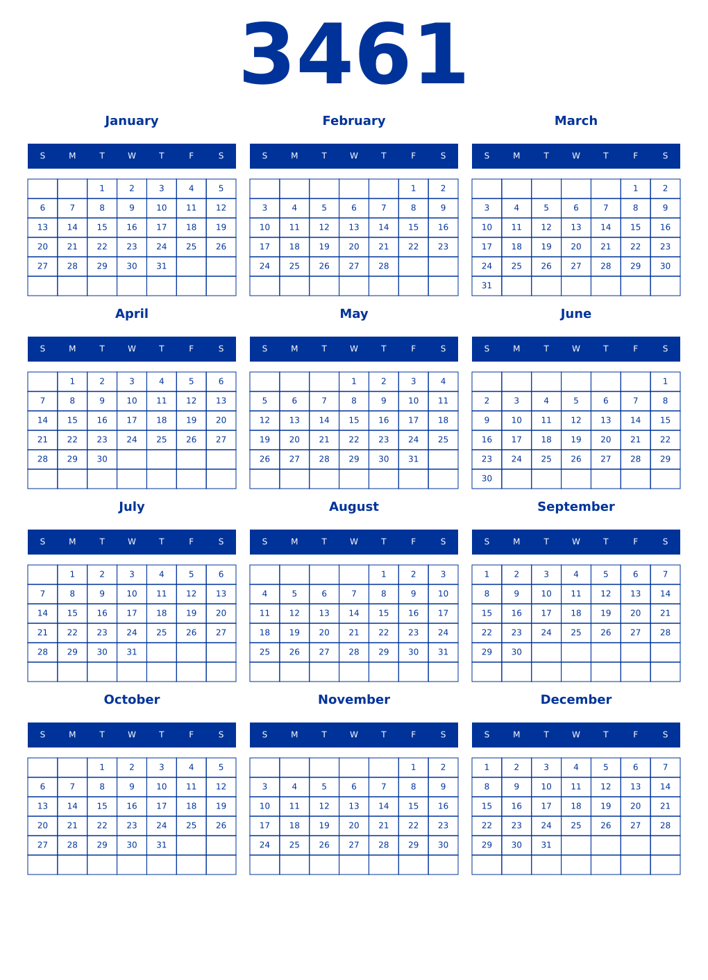 Printable 3461 Year Calendars smalt