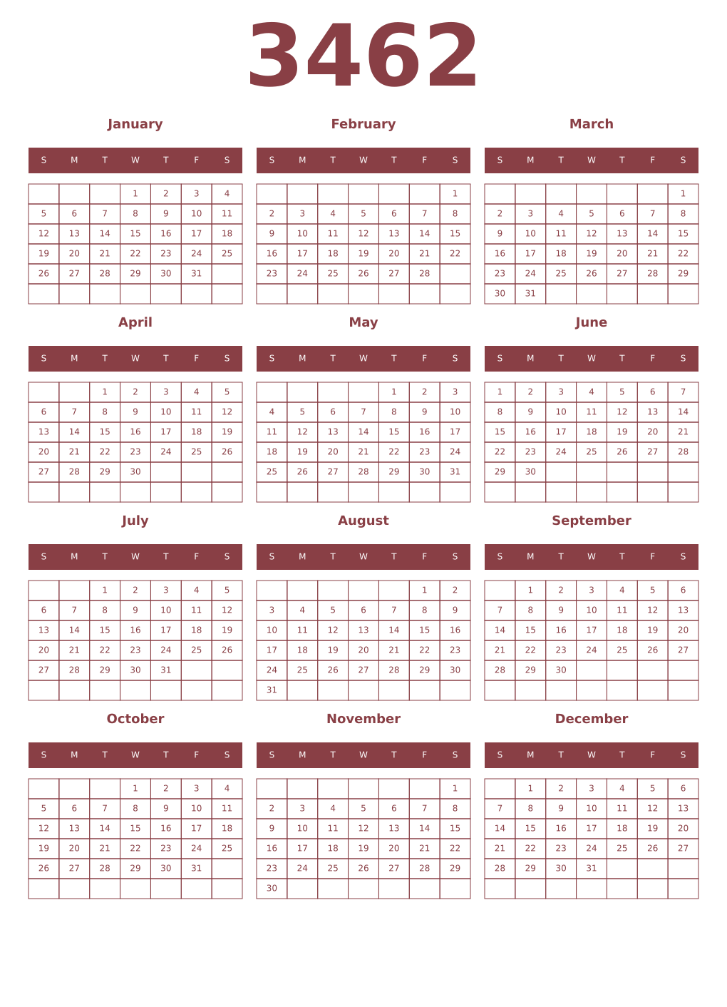 Printable 3462 Year Calendars cordovan