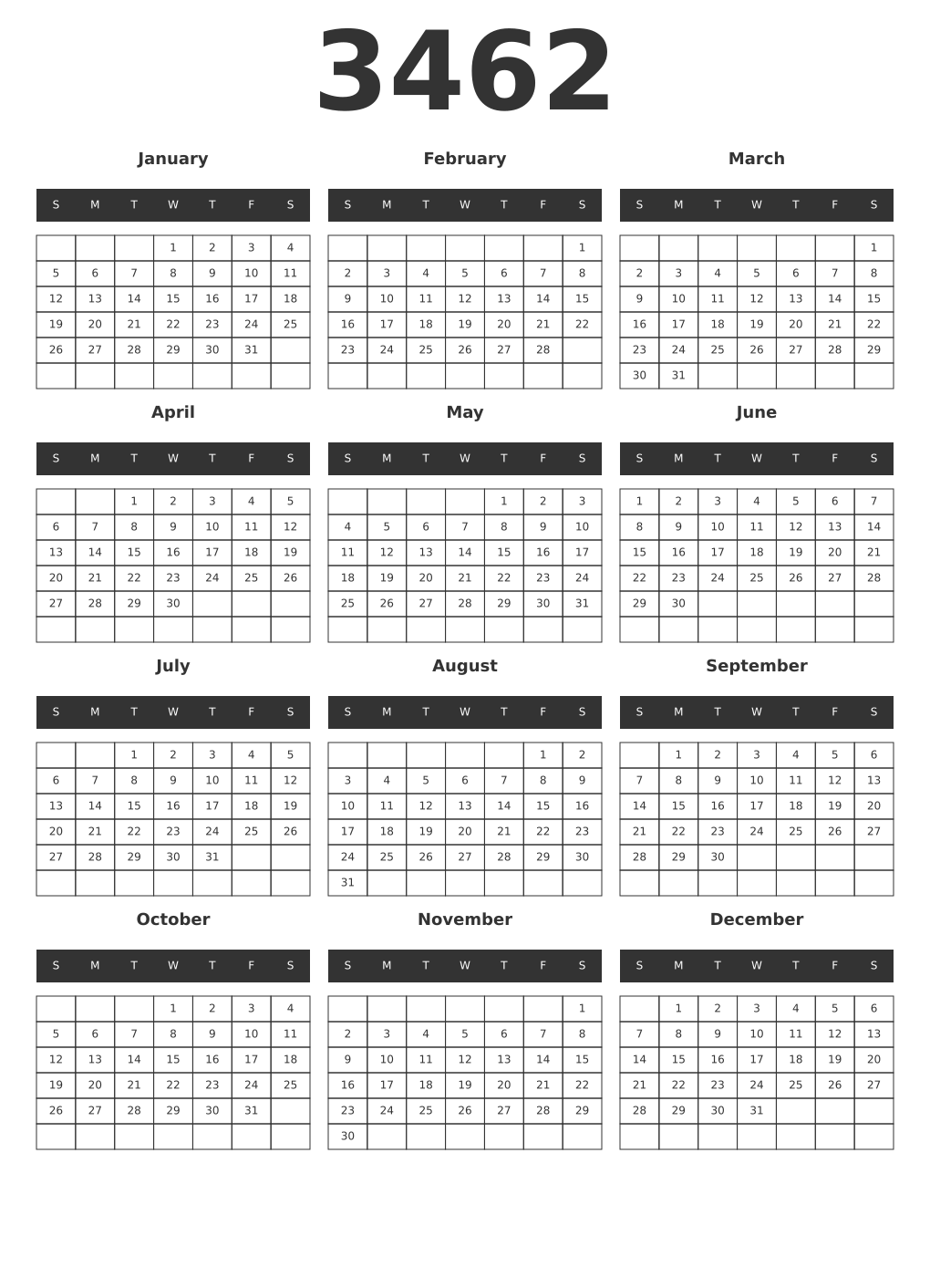 Printable 3462 Year Calendars dark