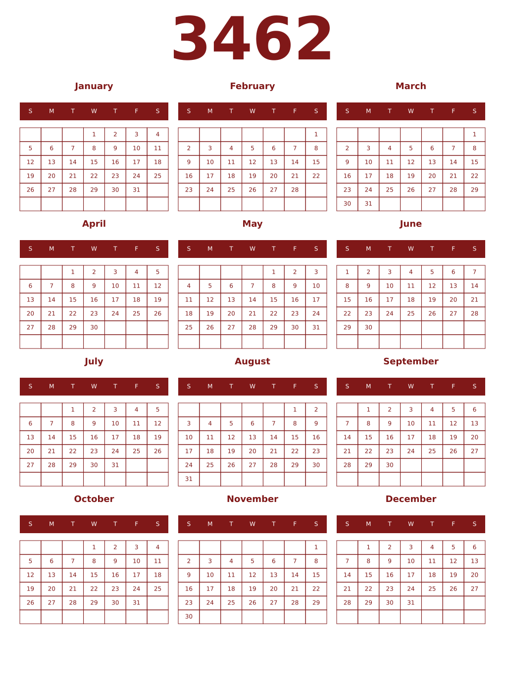 Printable 3462 Year Calendars falu