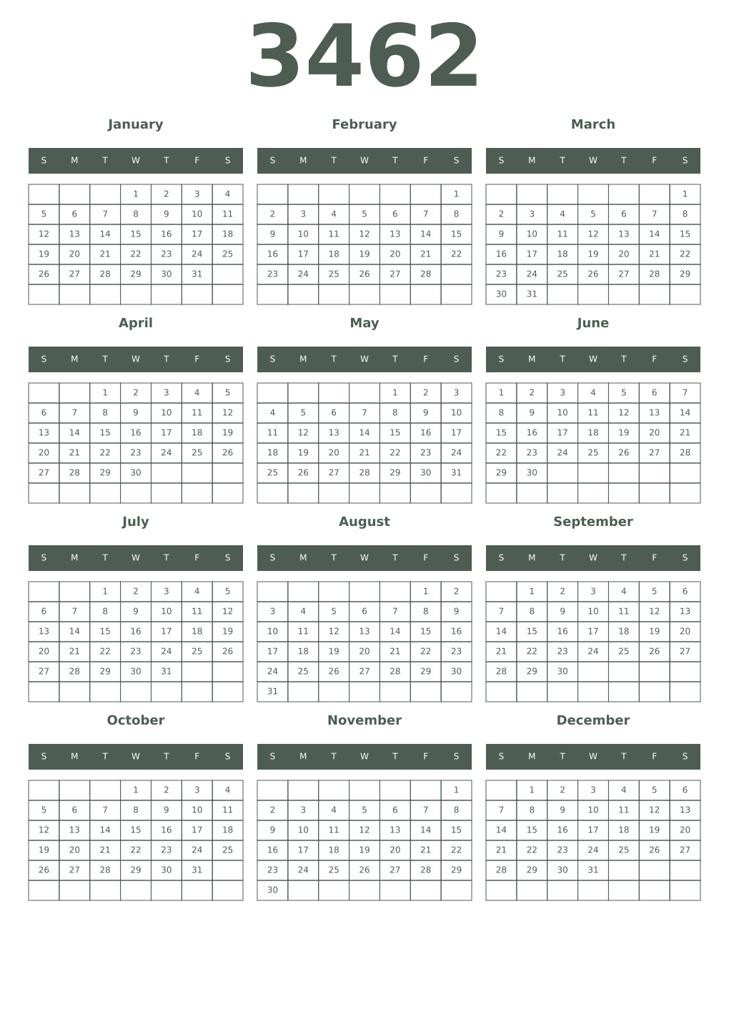 Printable 3462 Year Calendars feldgrau