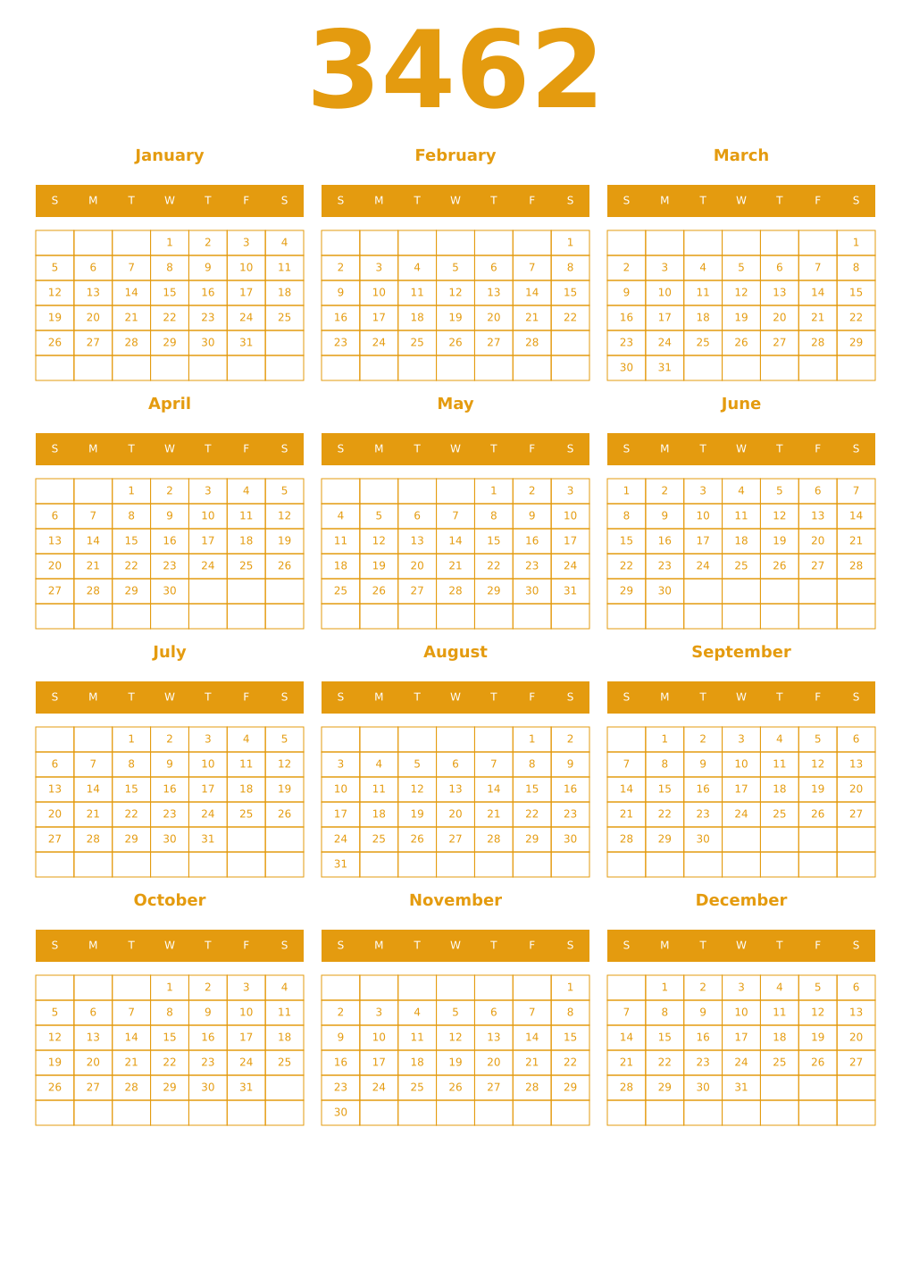 Printable 3462 Year Calendars gamboge