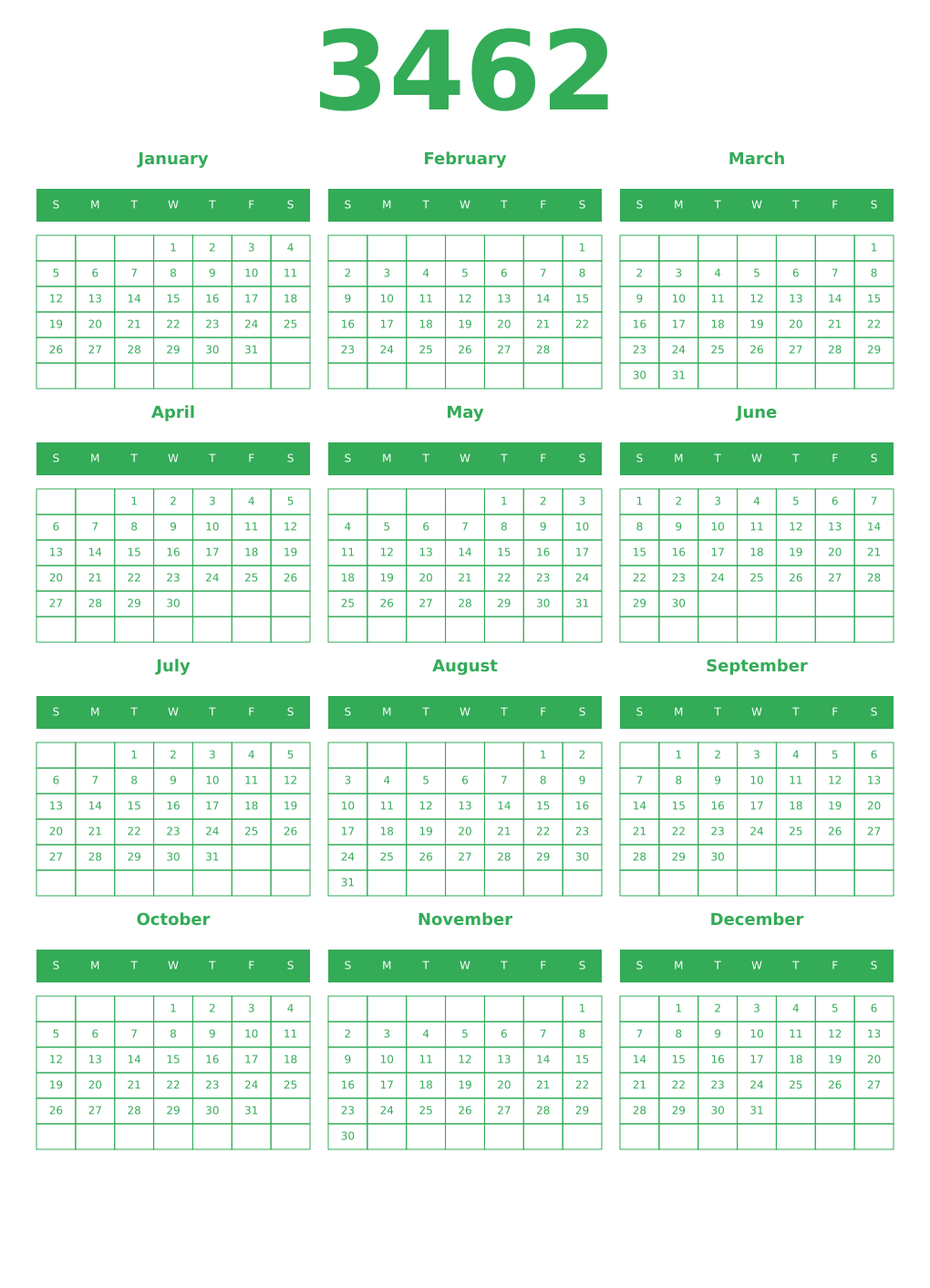 Printable 3462 Year Calendars green