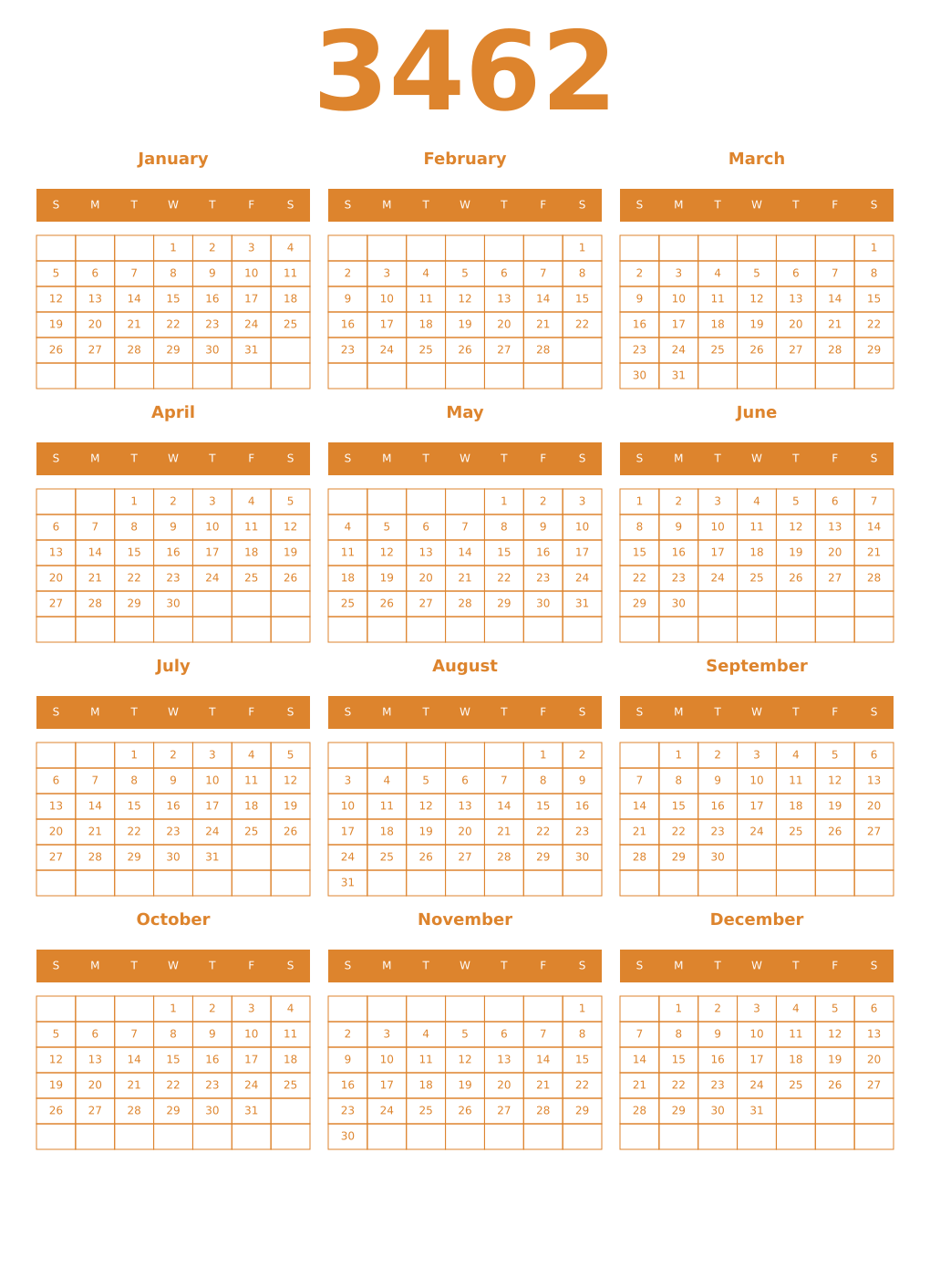 Printable 3462 Year Calendars orange
