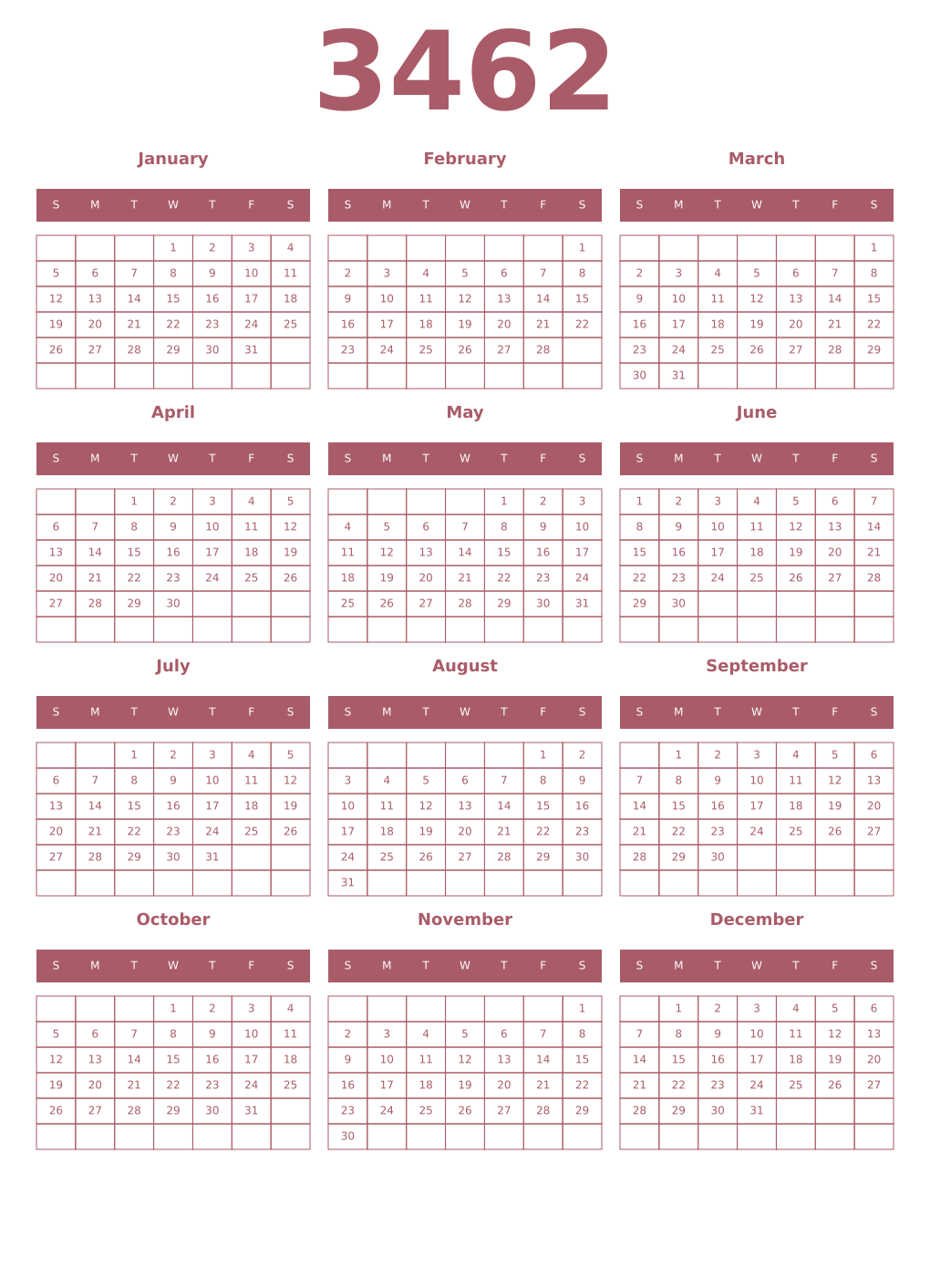 Printable 3462 Year Calendars puce