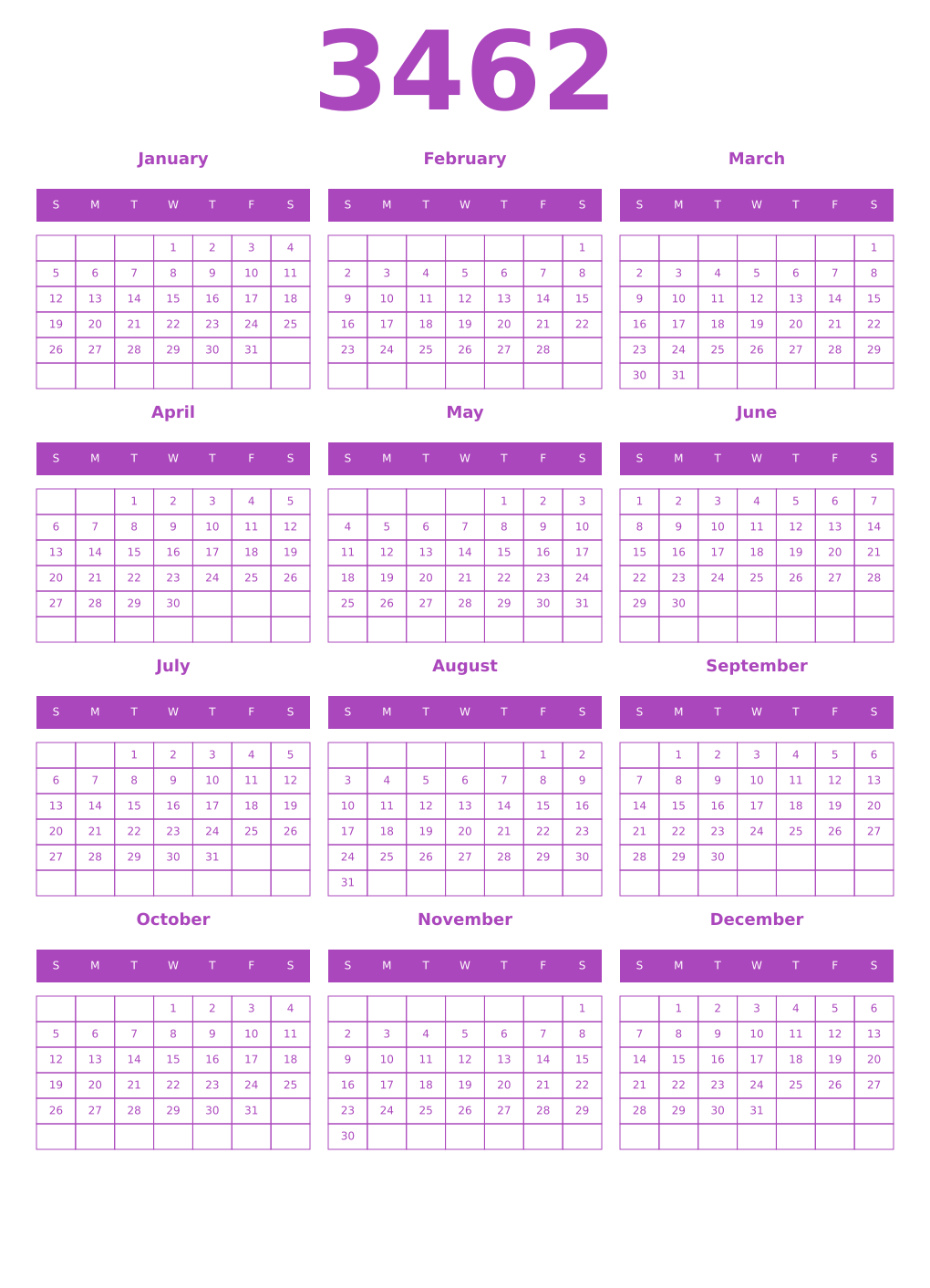 Printable 3462 Year Calendars purple