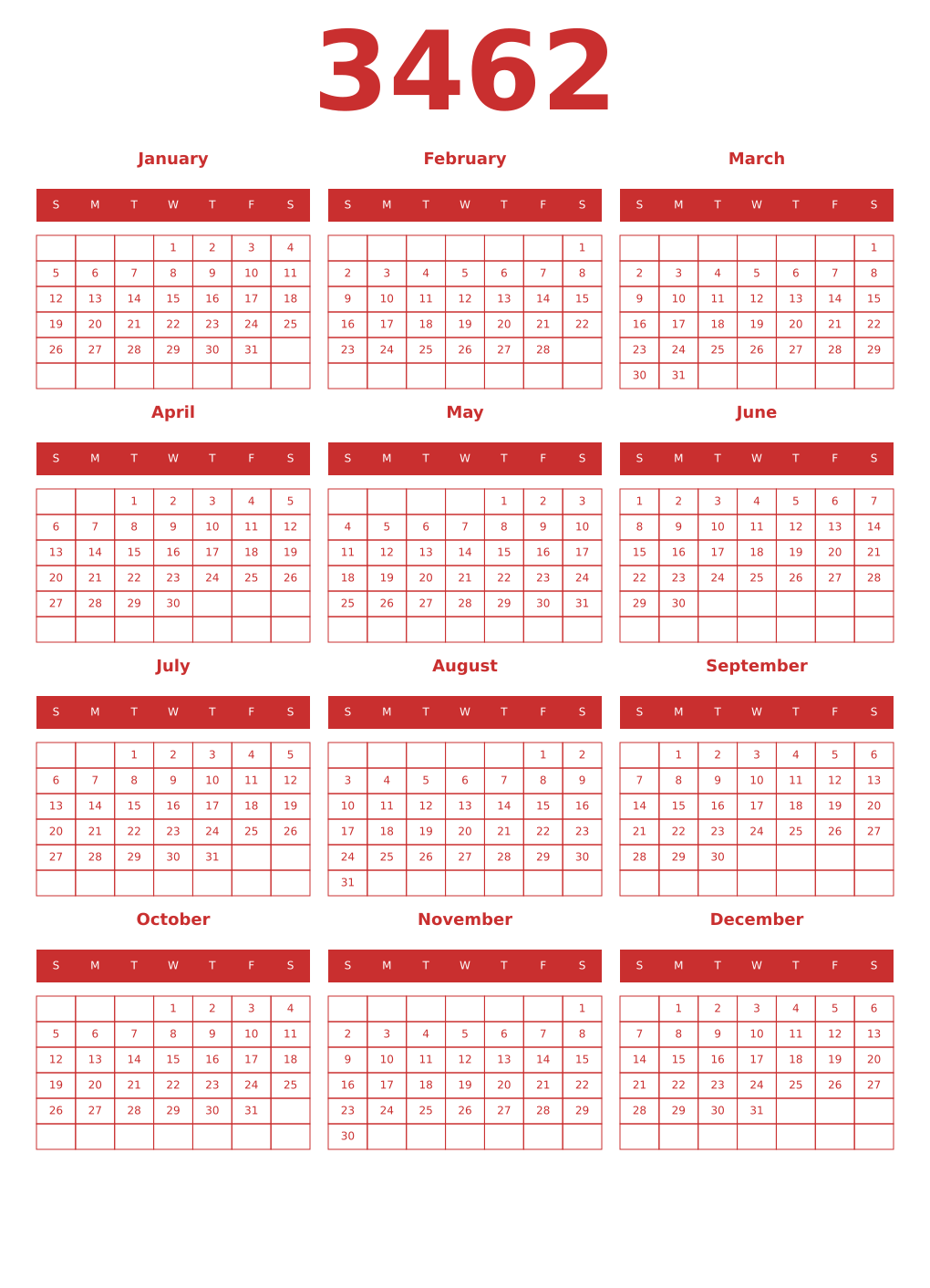 Printable 3462 Year Calendars red