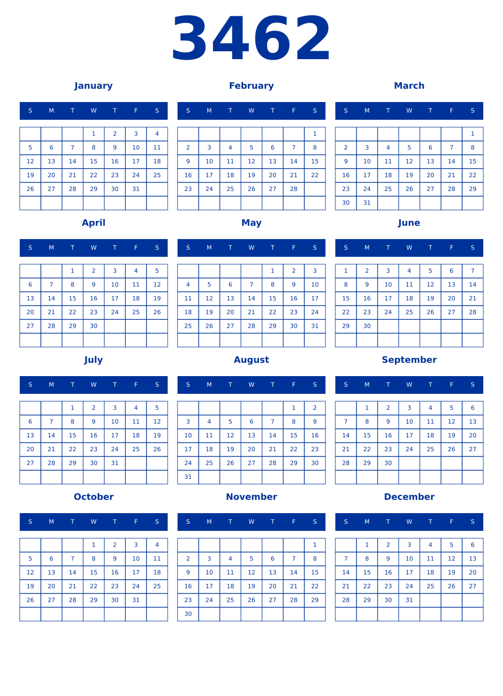Printable 3462 Year Calendars smalt