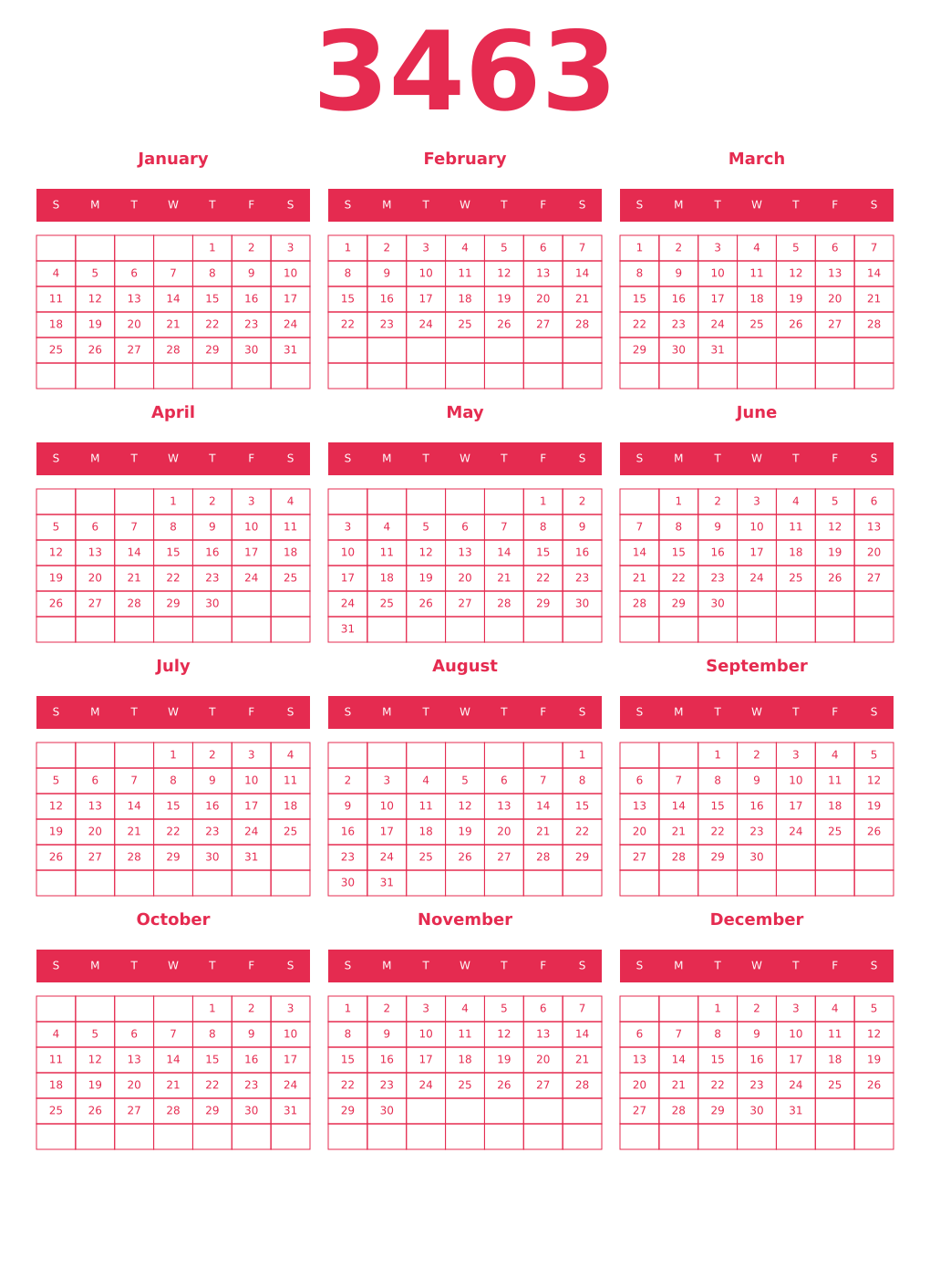Printable 3463 Year Calendars amaranth