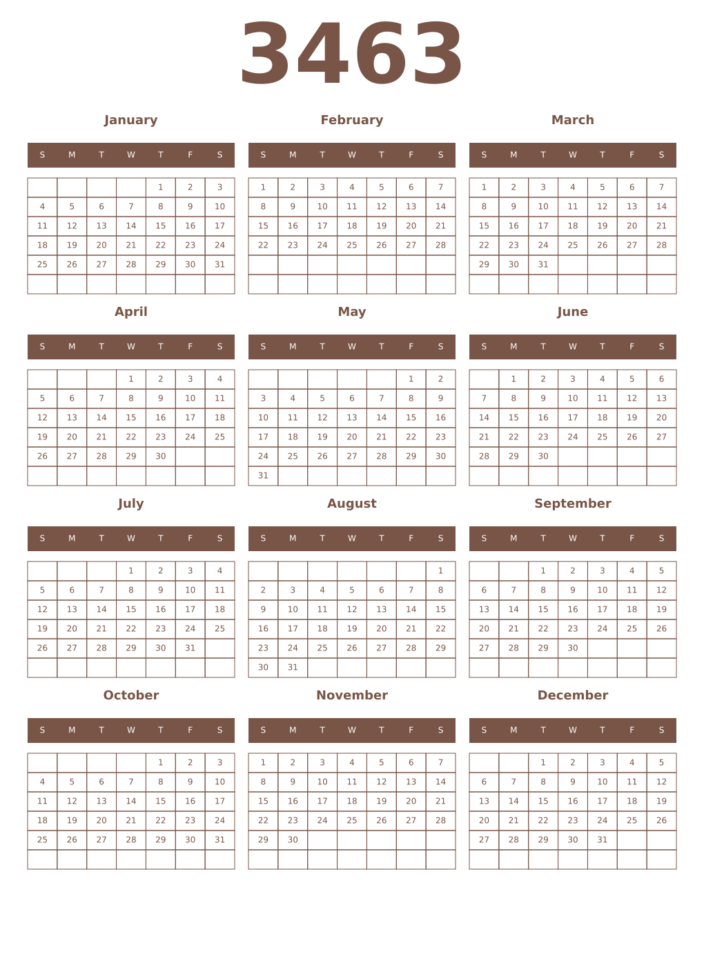 Printable 3463 Year Calendars coffe