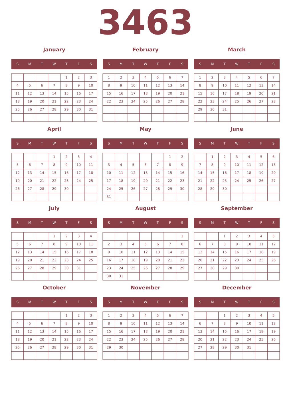 Printable 3463 Year Calendars cordovan