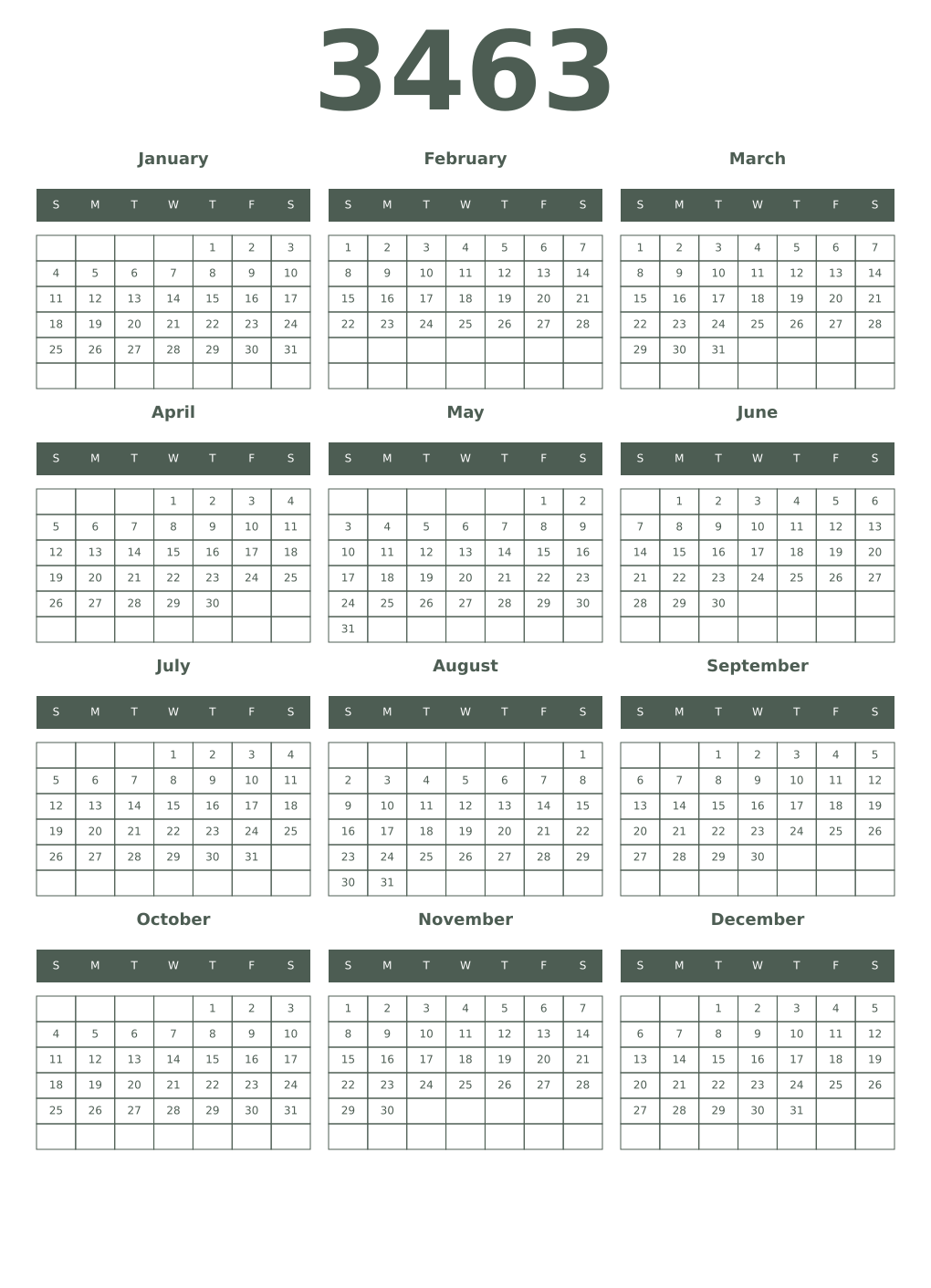 Printable 3463 Year Calendars feldgrau