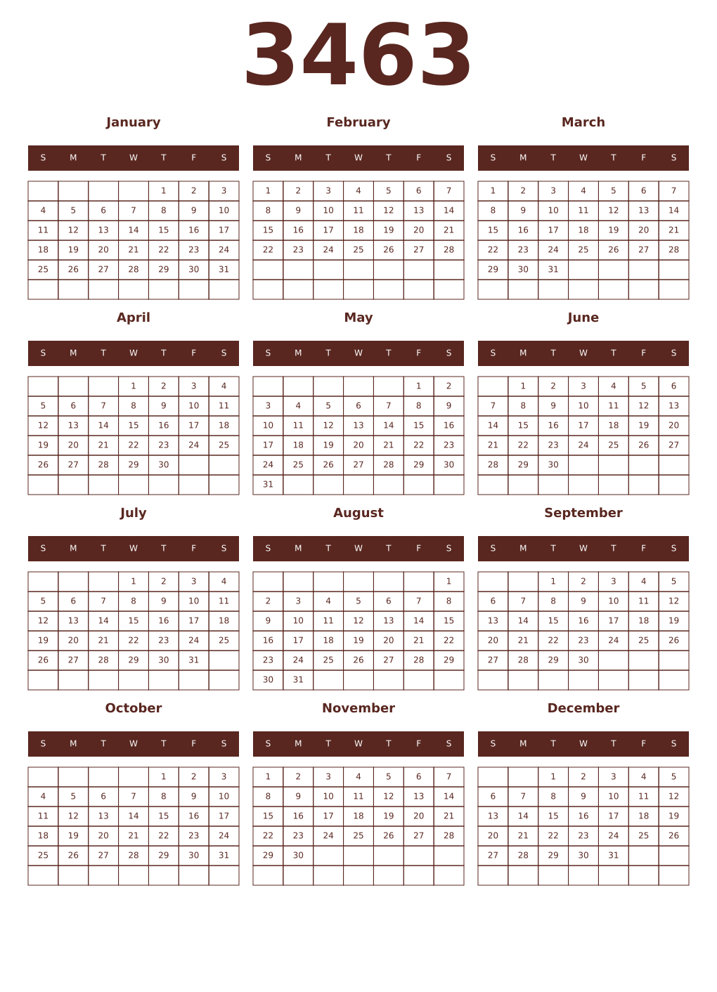 Printable 3463 Year Calendars mortuum